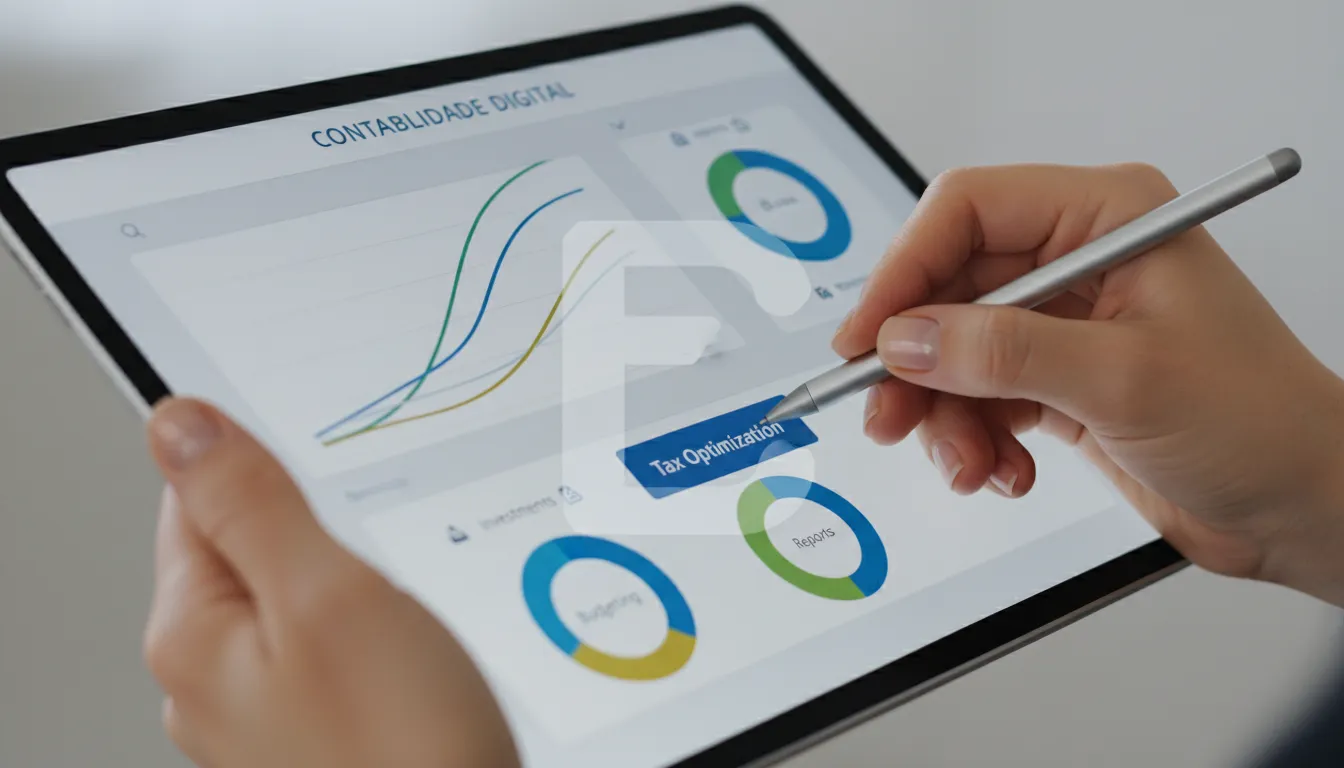 Uma mão segurando um tablet mostrando uma interface amigável para gestão financeira, com gráficos e a opção 'Otimização Fiscal'. Reflete a facilidade da contabilidade digital para o cnae simples nacional.