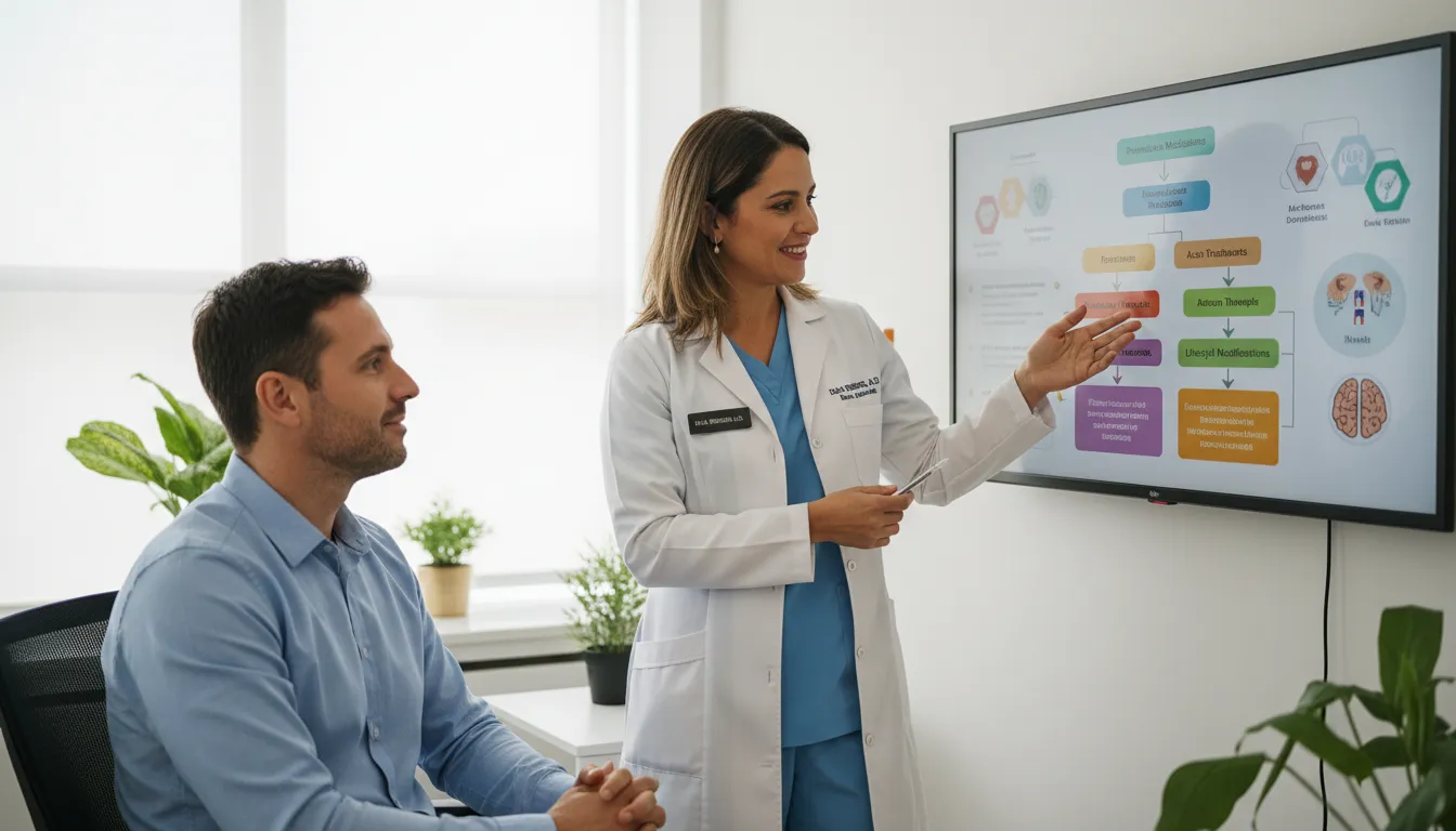 Médico explicando opções de tratamento para enxaqueca crônica, enfatizando a importância da cobertura do plano de saúde.