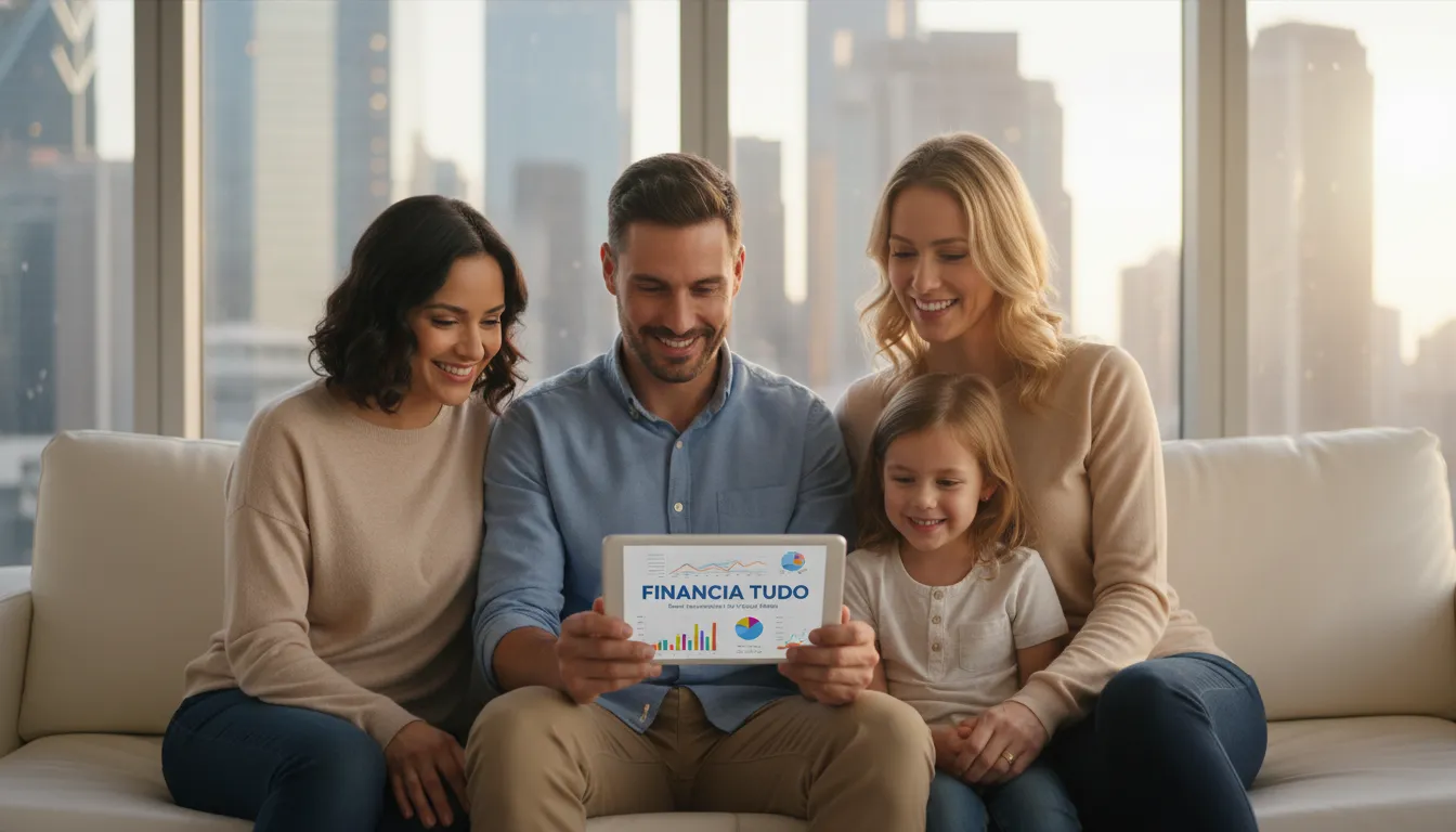Família sorrindo ao analisar planos financeiros em um tablet, confiantes e seguros com seus investimentos, mostrando que fintechs são seguras.