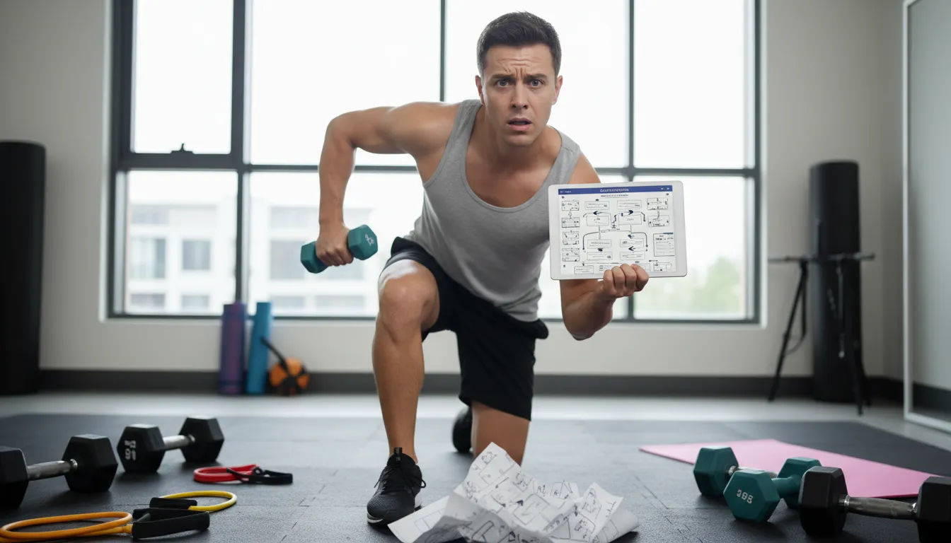 Indivíduo com dúvidas sobre treino online, buscando orientação de um personal trainer para evitar erros.