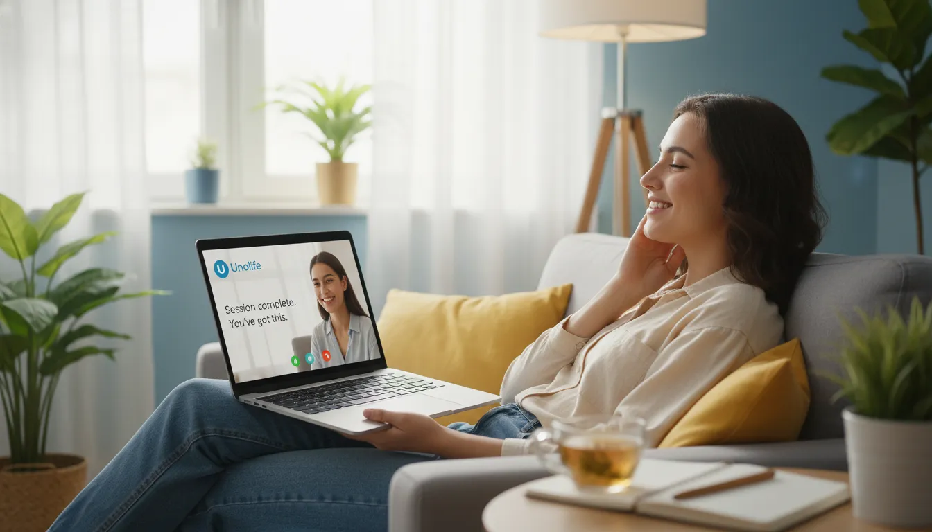 Pessoa finalizando uma sessão de terapia online pela Unolife, sentindo alívio e apoio. Representa o tratamento para lidar com os sintomas de transtornos mentais.