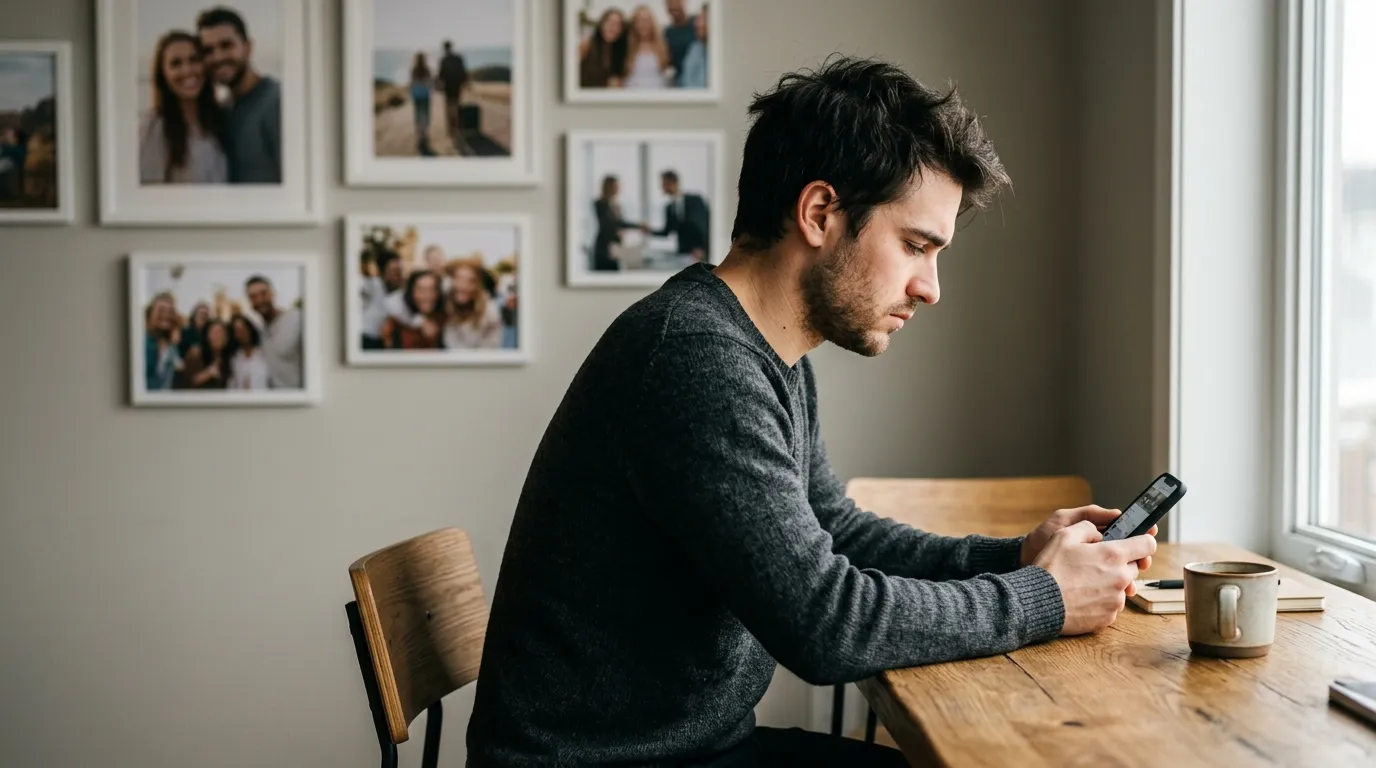 Homem triste compara sua vida ao usar redes sociais em seu smartphone na mesa de casa.