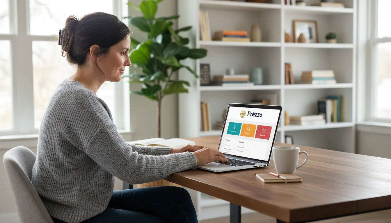 Em home office, empreendedor usa laptop com software de contabilidade online, mostrando a conveniência do serviço de contador online.