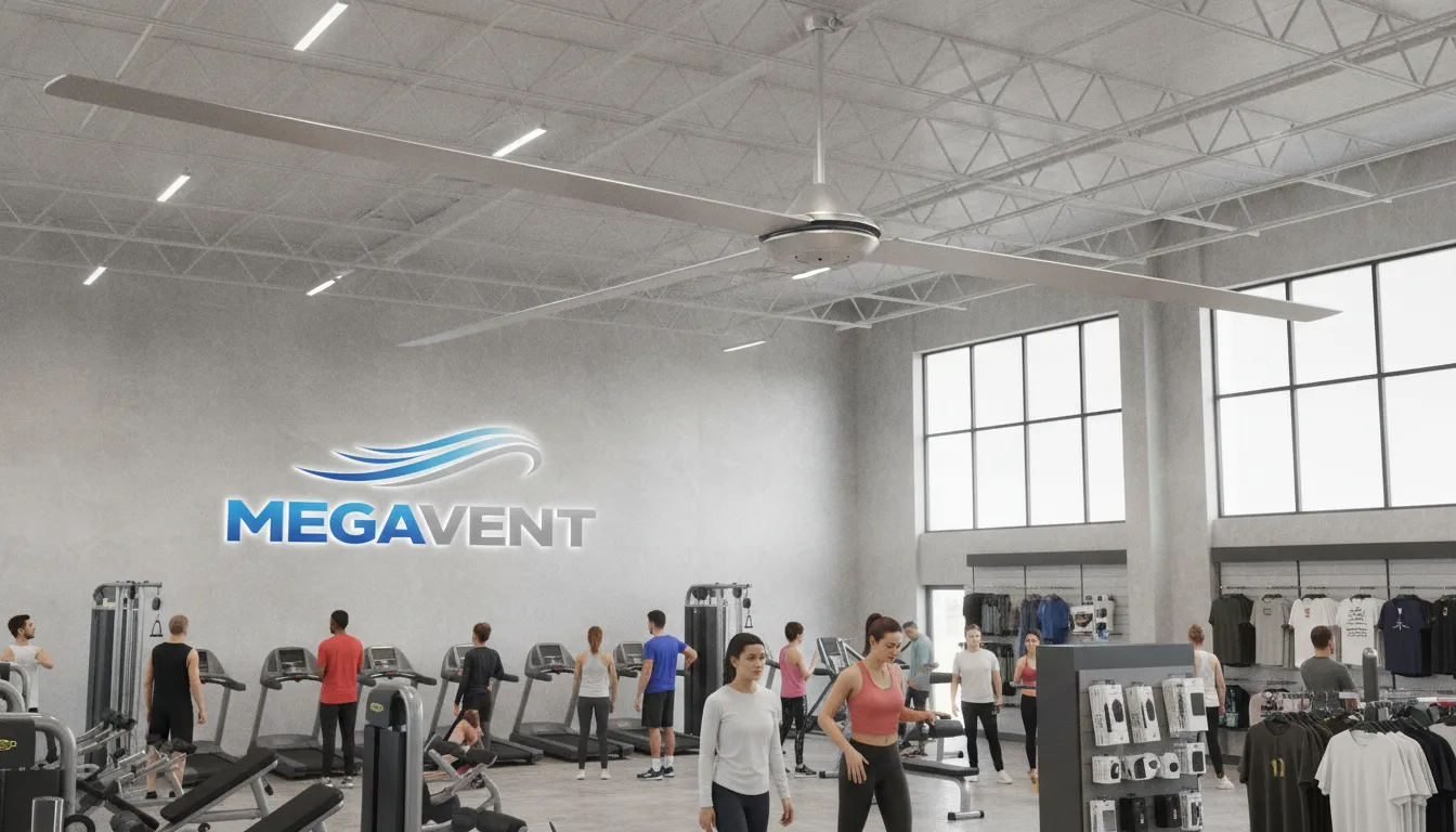 Detalhe de um ventilador HVLS MegaVent girando, proporcionando conforto térmico em um ambiente comercial espaçoso.