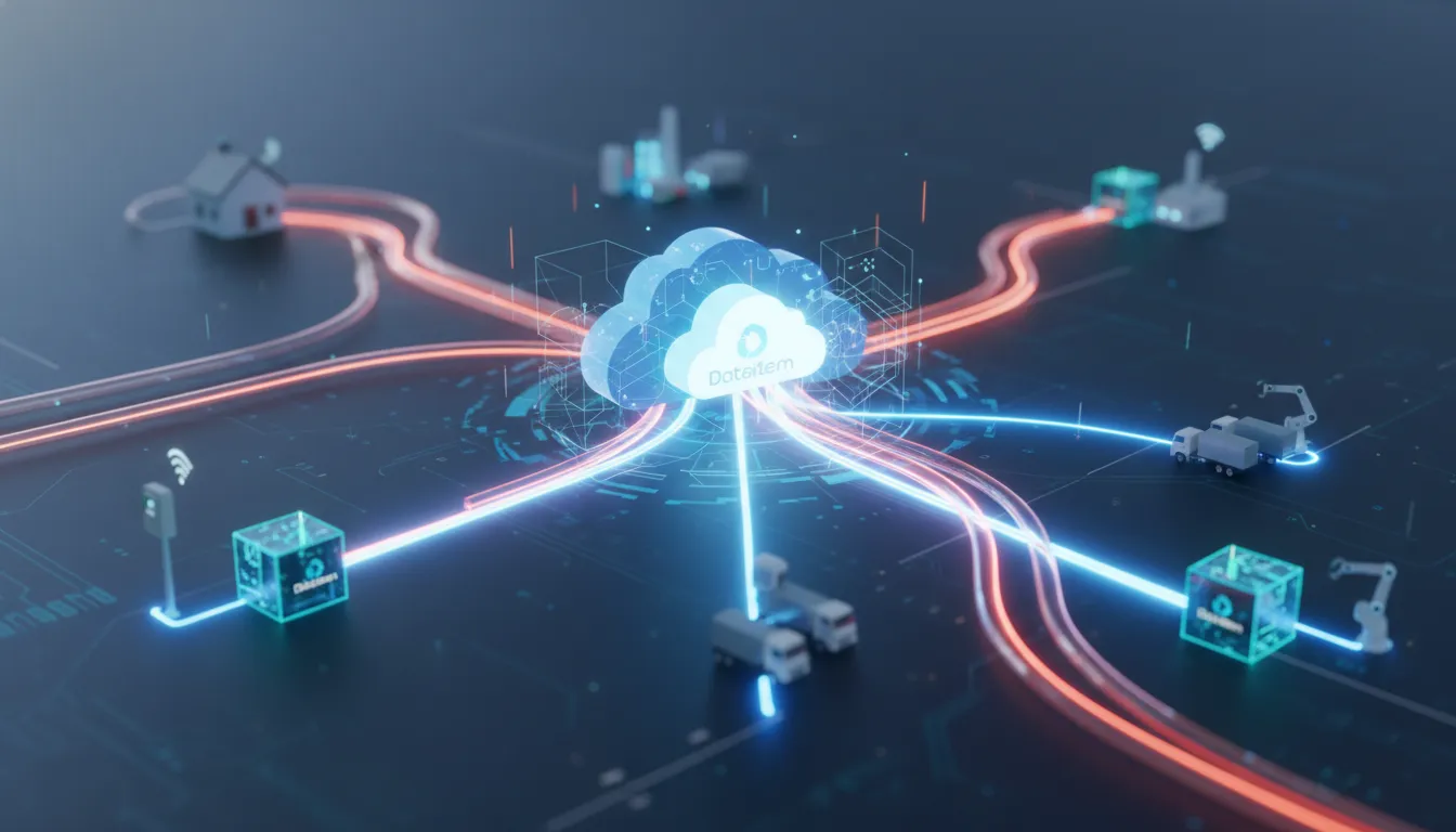 Fluxo de dados visualizando edge computing e IoT, reduzindo latência e custos em operações M2M.