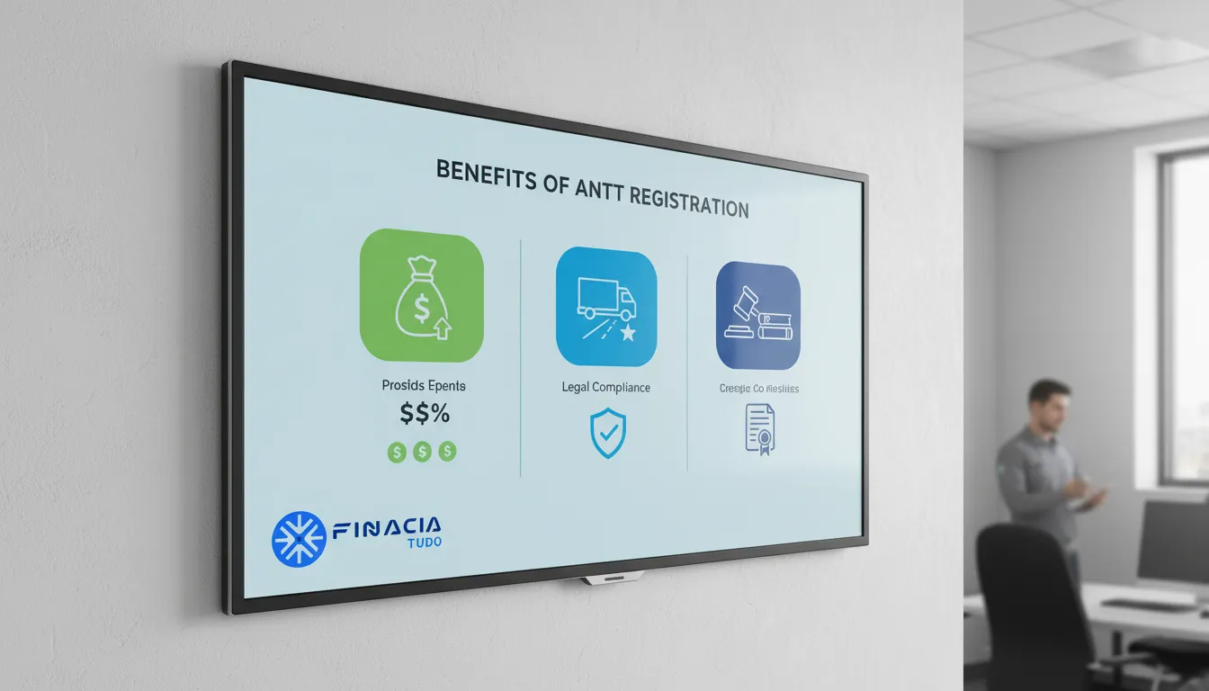 Infográfico moderno sobre os benefícios financeiros e oportunidades para caminhoneiros com registro ANTT regularizado.