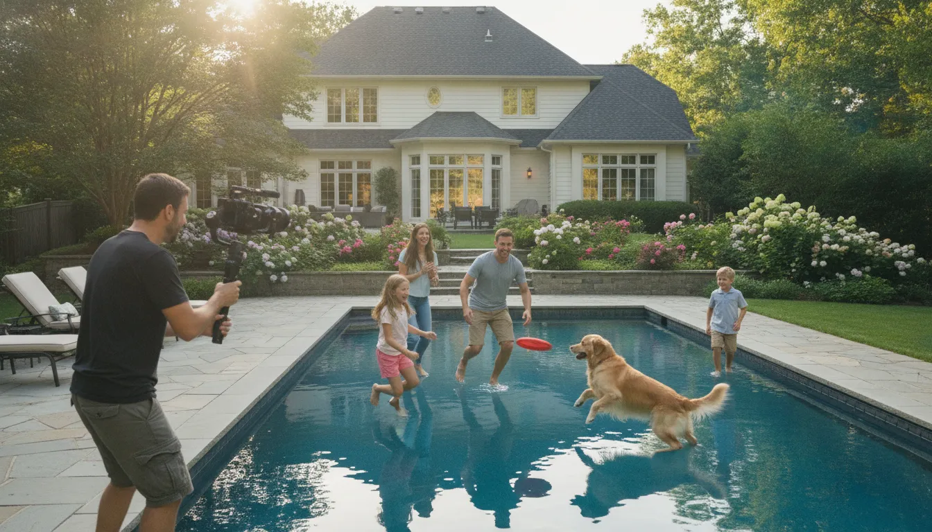 Família feliz aproveita quintal casa, sendo filmada para marketing imobiliário, destacando vida.