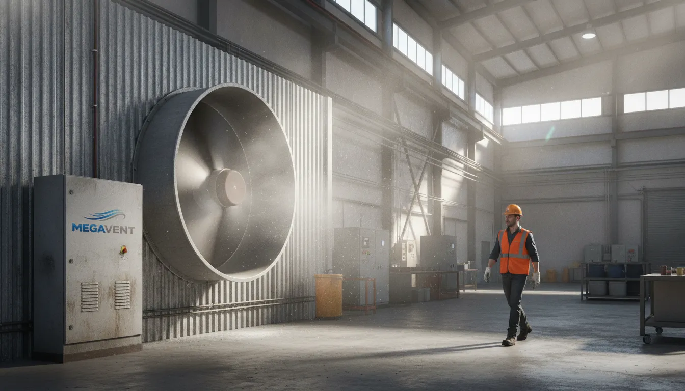 Ventilador industrial de parede MegaVent exaustor em galpão, melhorando a qualidade do ar e ambiente de trabalho.