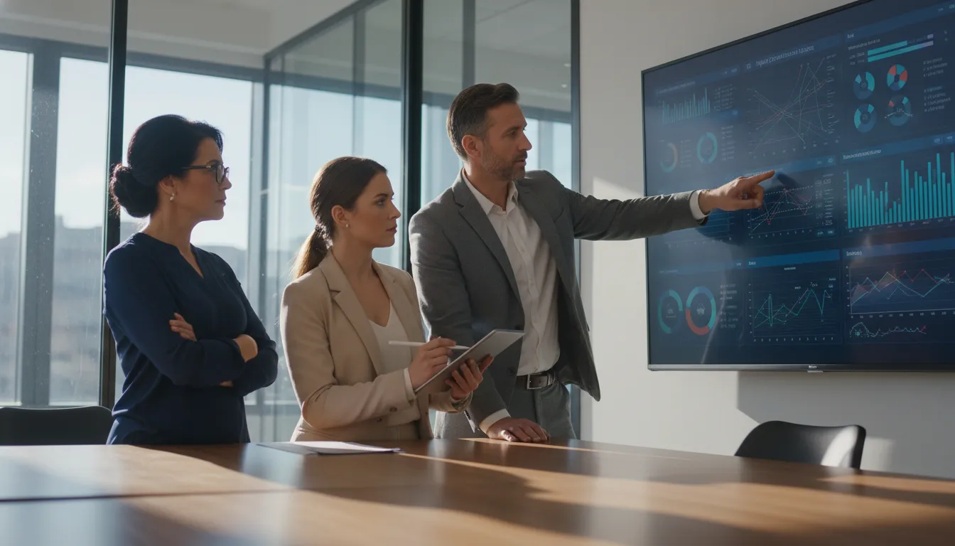 Equipe contábil discutindo estratégias contra golpe certificado digital em painel interativo.