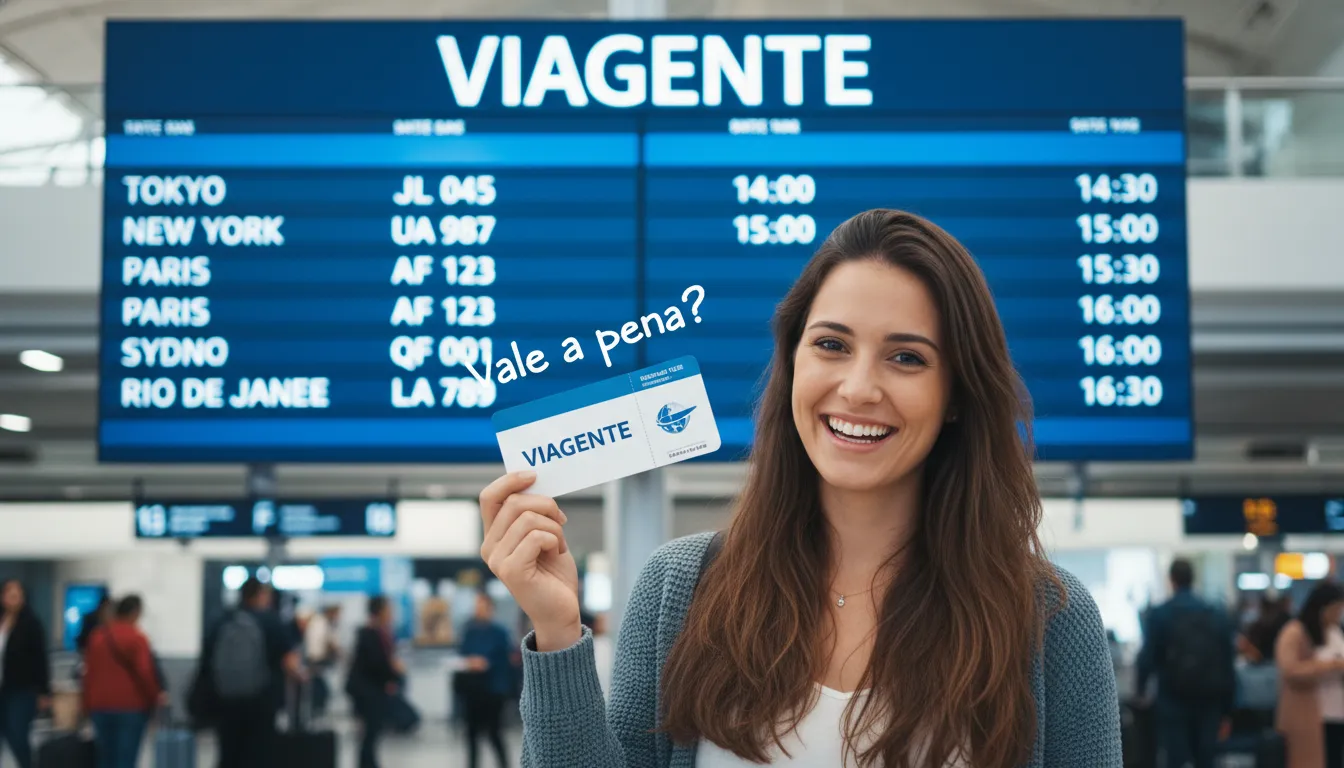 Viajante sorrindo com um cartão de embarque da Viagente, mostrando que vale a pena usar passagens com milhas.