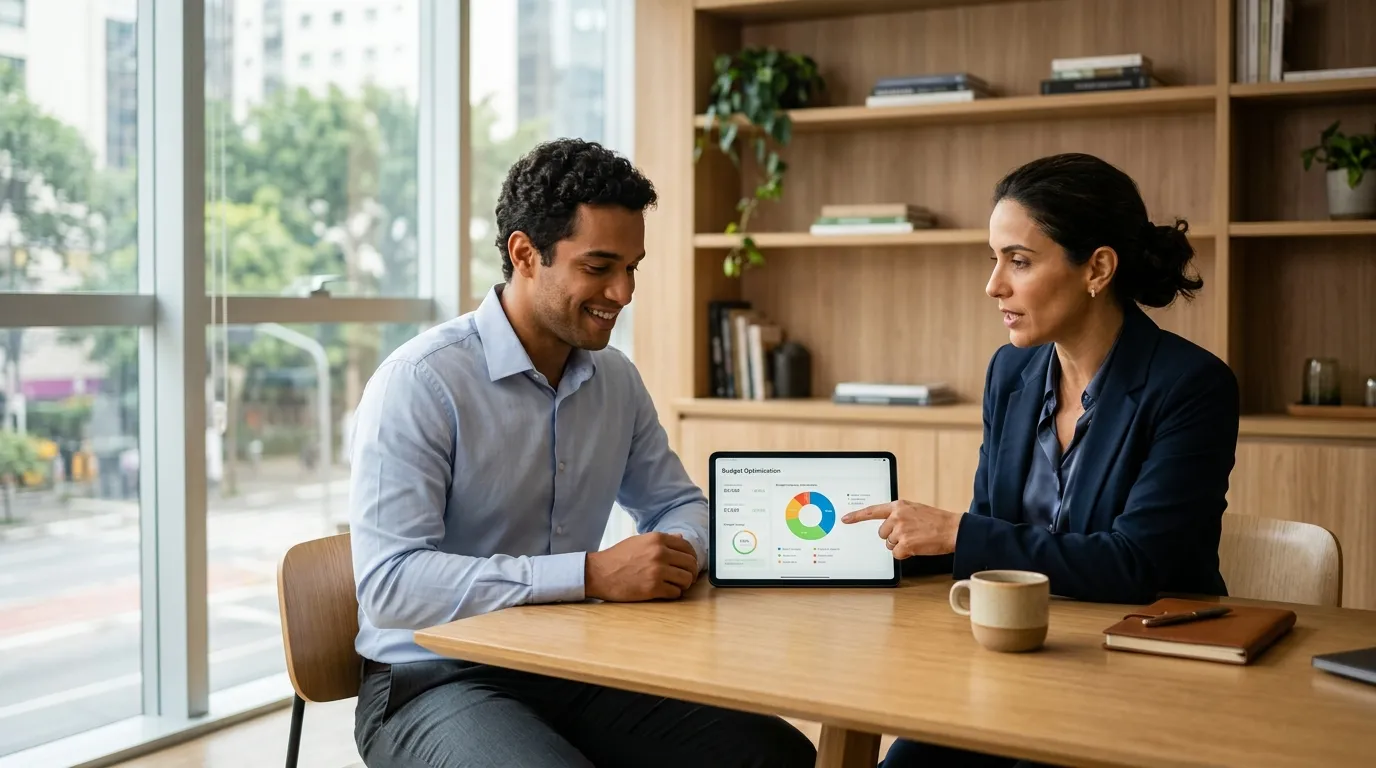 Consultoria financeira orientando cliente sobre como cortar gastos e equilibrar contas.