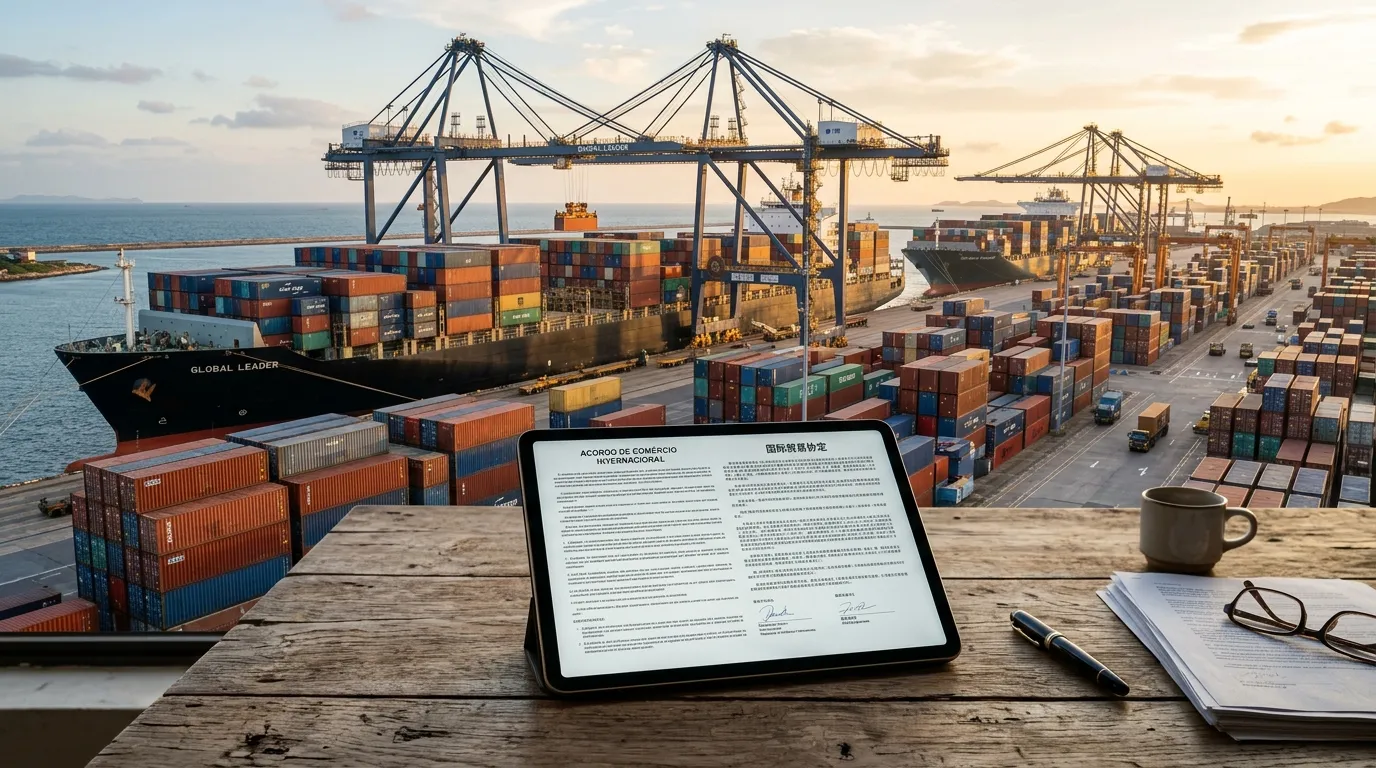 Contratos de exportação simbolizando a aliança comercial China no porto de cargas.