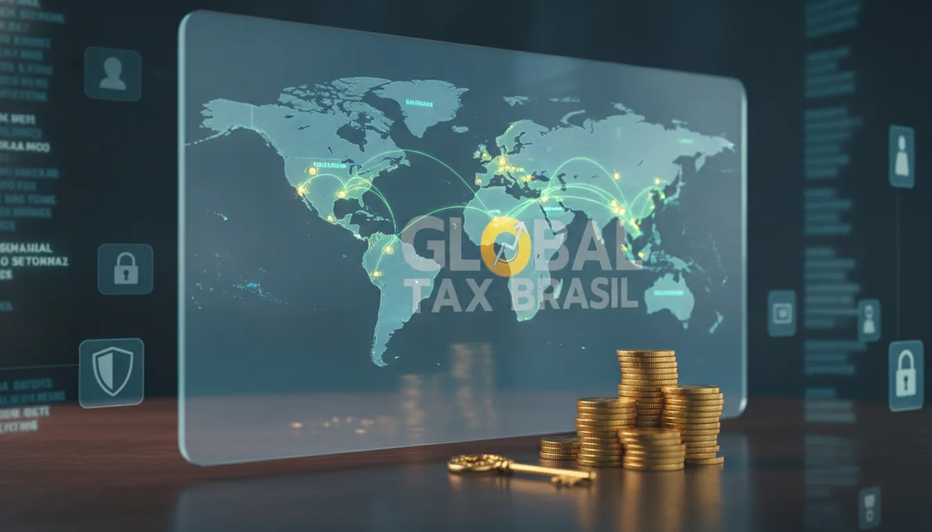 Cofre digital seguro conecta locais globais, simbolizando proteção patrimonial e trust offshore para brasileiros.