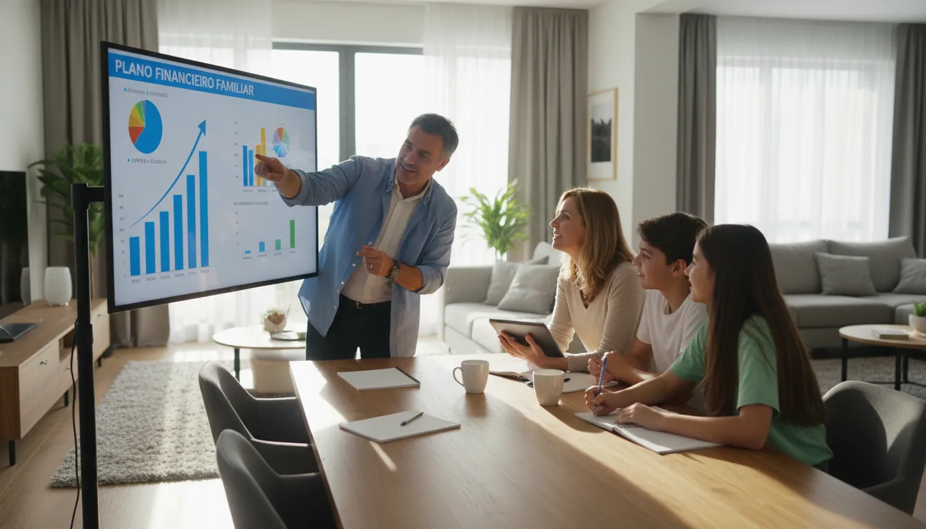 Família reunida em casa aprendendo sobre planejamento financeiro juntos, mostrando diálogo entre gerações.