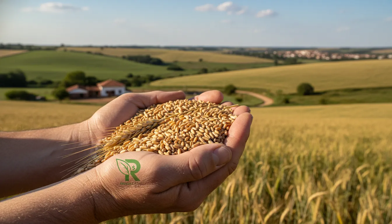 Mãos segurando grãos colhidos com fazenda ao fundo, simbolizando sucesso agrícola pelo crédito rural.