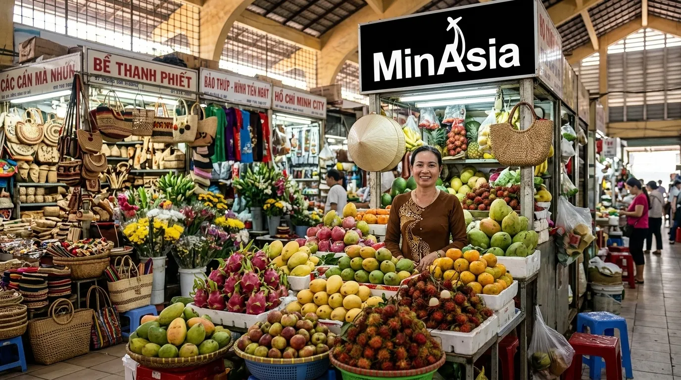 Mercado local colorido com artesanatos e frutas na Cidade de Ho Chi Minh.