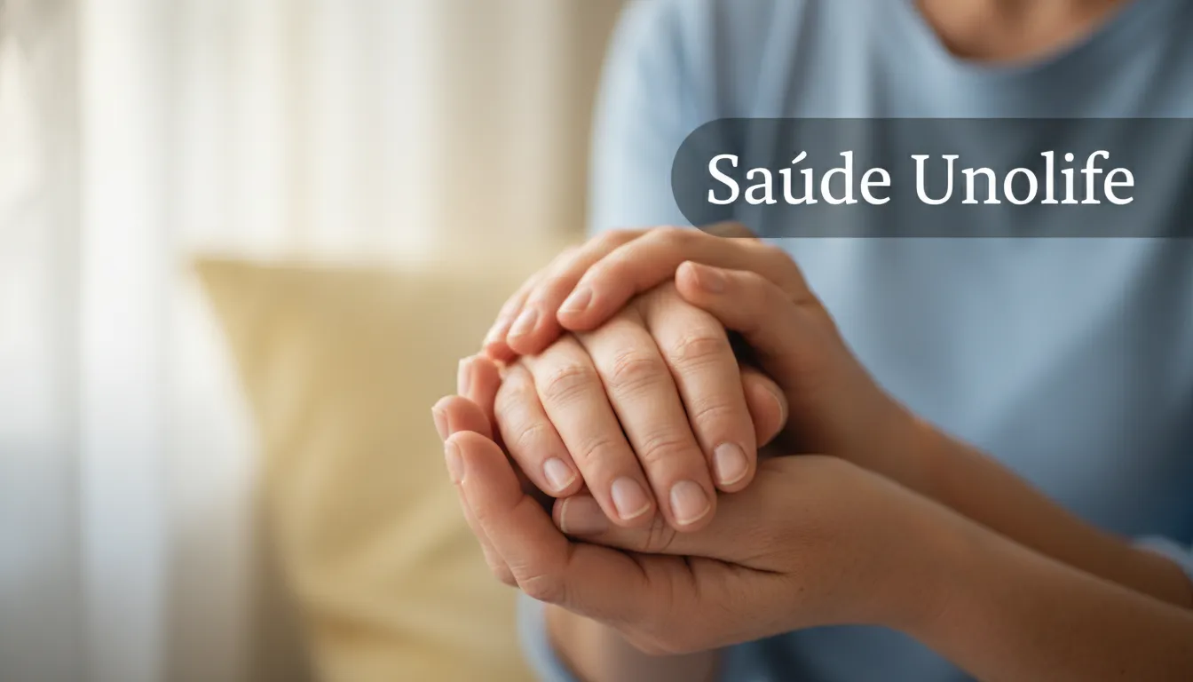 Detalhe de mãos dadas, representando o cuidado e a sensibilidade da psicóloga para mulheres no tratamento da saúde emocional, com o apoio da plataforma Unolife.