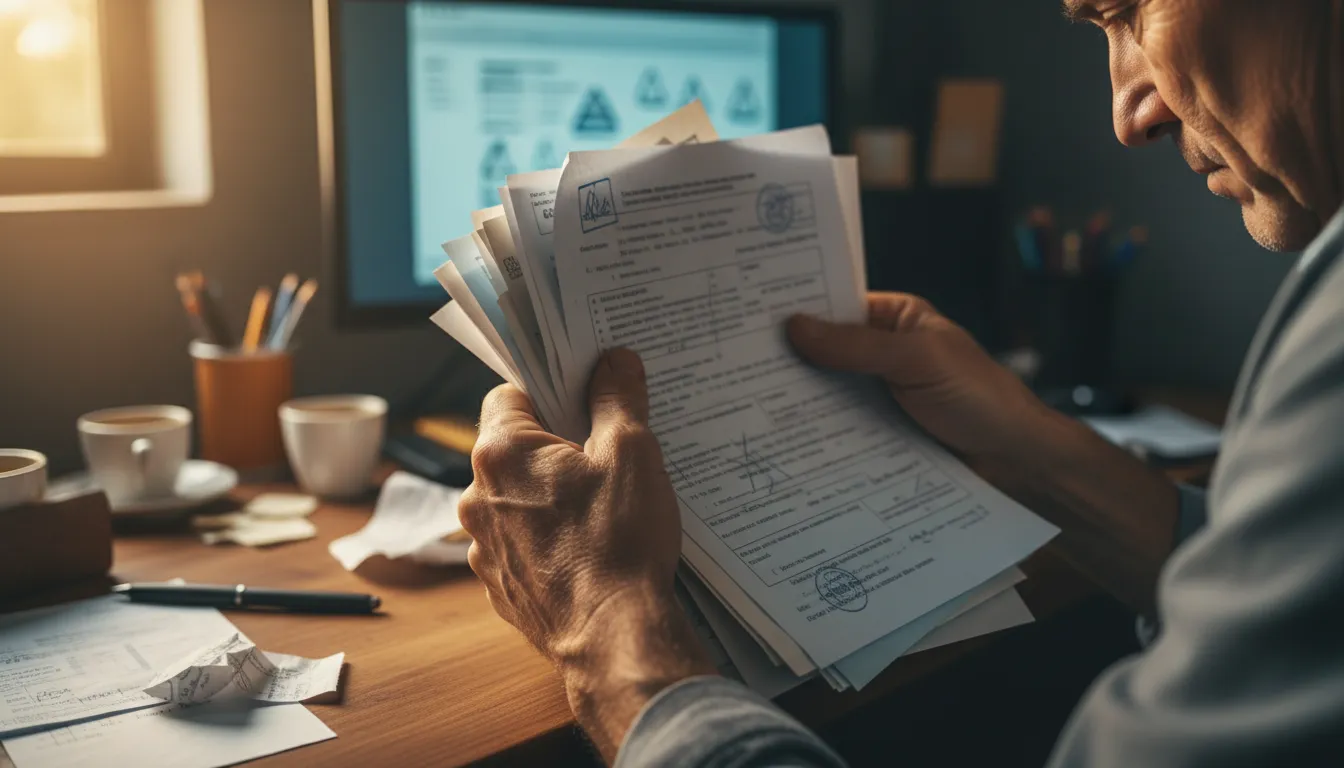 Mãos de trabalhador brasileiro frustrado com a burocracia do limbo previdenciário e documentos.