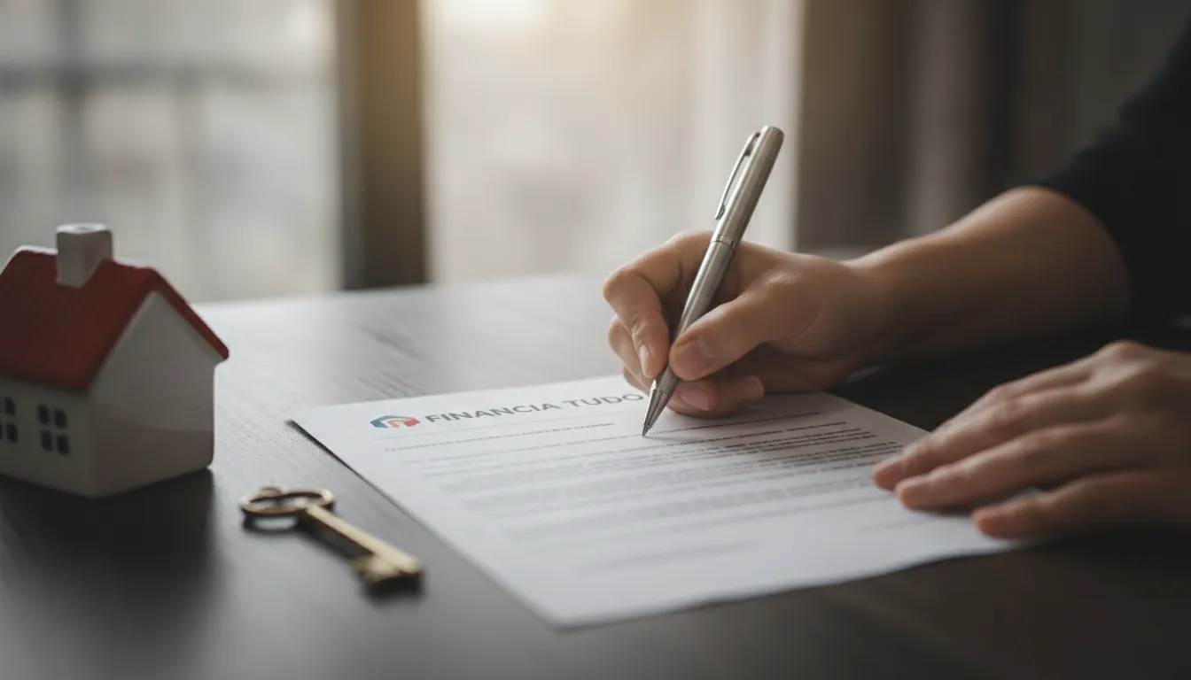 Mãos assinam contrato de financiamento imobiliário para autônomos, chave e casa simbolizam conquista.