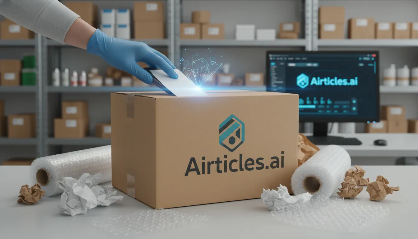 Mão aplicando etiqueta de envio em caixa, processo de fulfillment para criação de loja virtual. Airticles.ai.