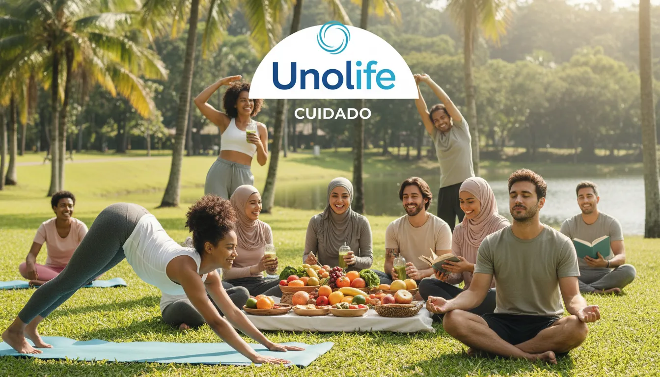 Grupo diversificado de pessoas praticando autocuidado como parte do tratamento do transtorno de ansiedade generalizada, promovido pela Unolife.