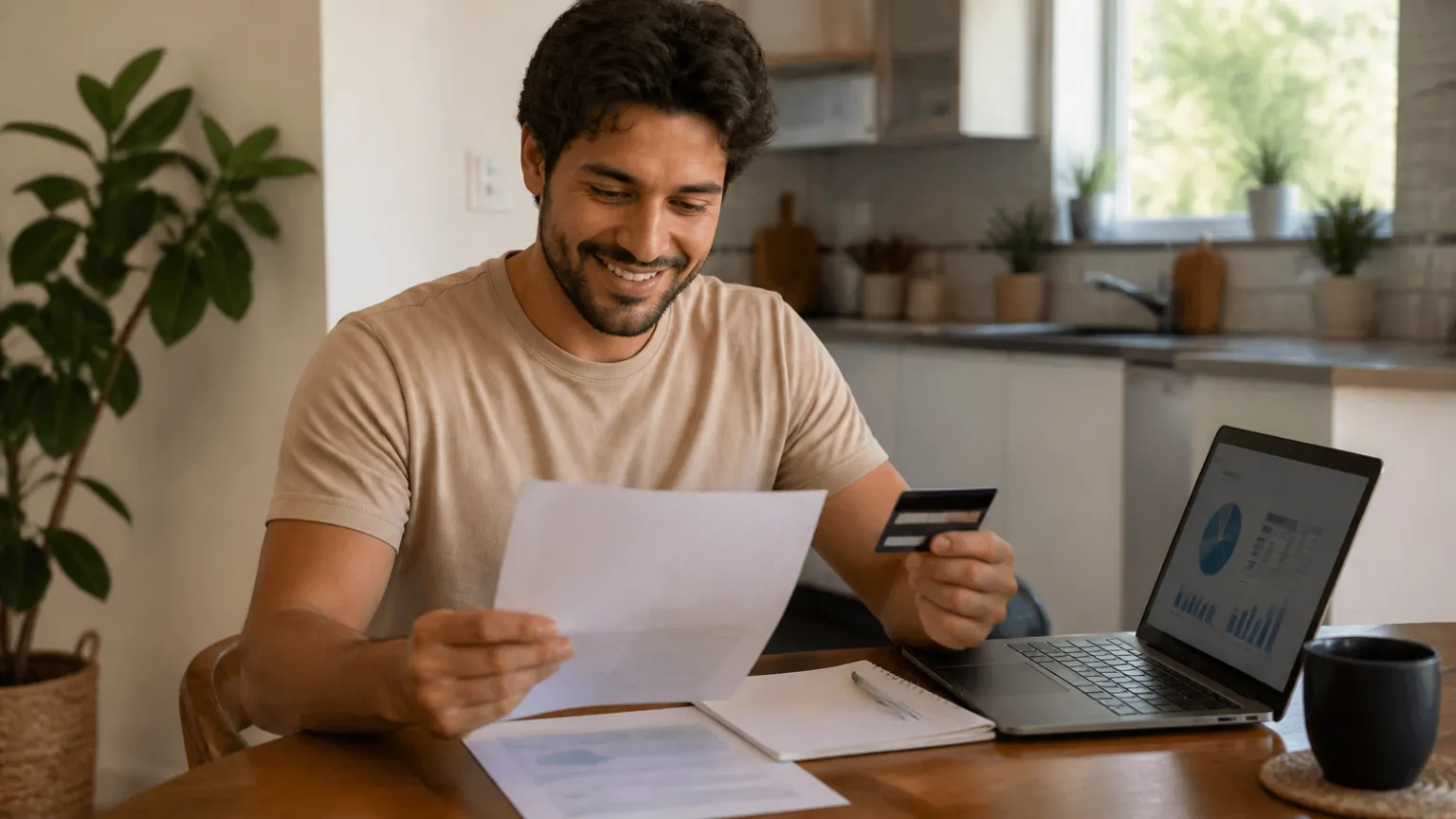 Homem planejando finanças e simulando empréstimo no cartão para negativado no computador.
