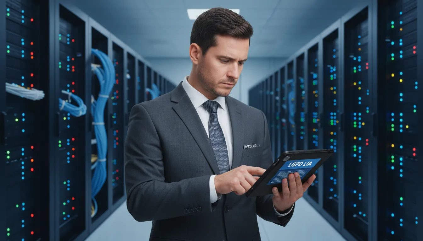 Profissional de segurança revisando regulamentações de privacidade de dados em um tablet, com o logo da InfoLock, focado no legitimo interesse lgpd.