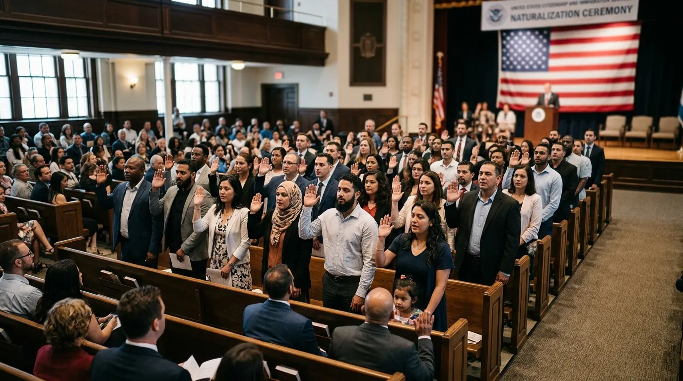 Cerimonia de juramento mostrando a transicao final onde green card e cidadania americana se diferenciam.