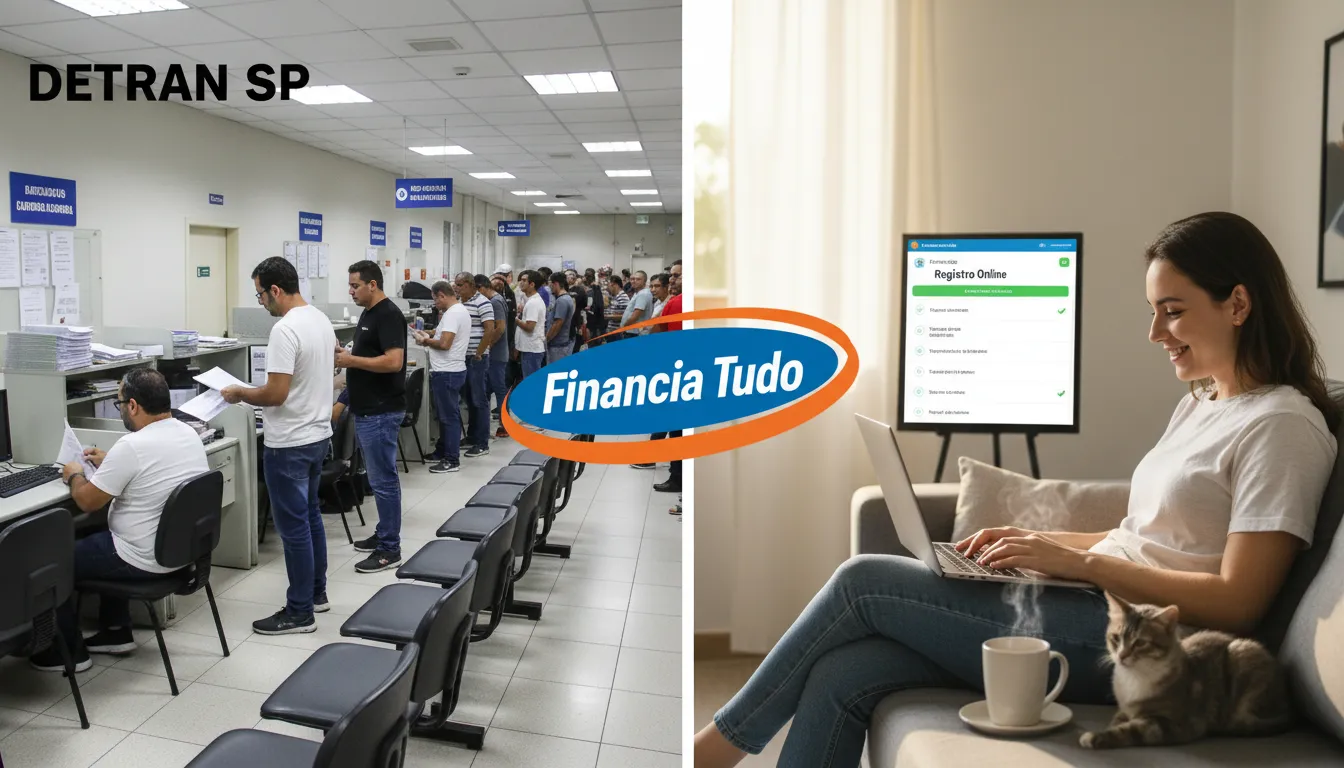 Comparativo entre o método tradicional e o online para cadastrar no detran sp, com a Financia Tudo conectando as duas opções para facilitar o processo.
