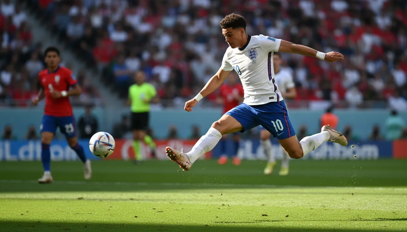 Jude Bellingham em ação, demonstrando potencial para a bola de ouro copa 2026, vestindo a camisa da Inglaterra.