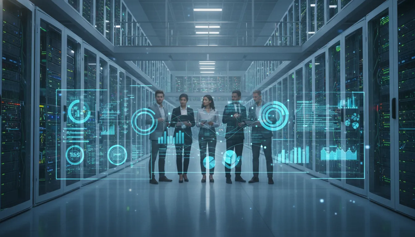 Equipe colabora em data center futurista, analisando dados complexos de marketing digital B2B em tempo real.