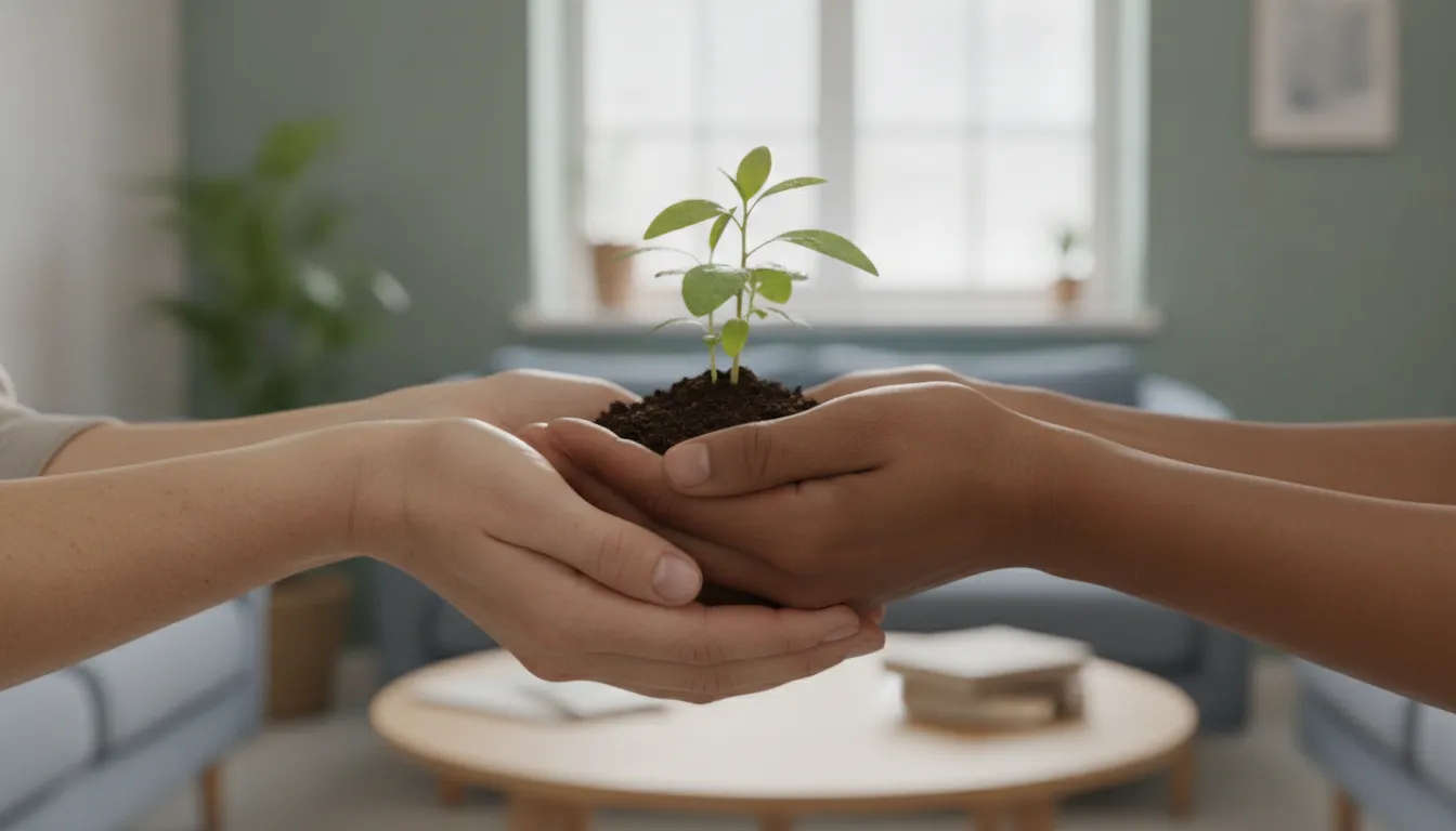 Mãos seguram planta delicada, simbolizando esperança e tratamento eficaz para o transtorno de personalidade borderline.
