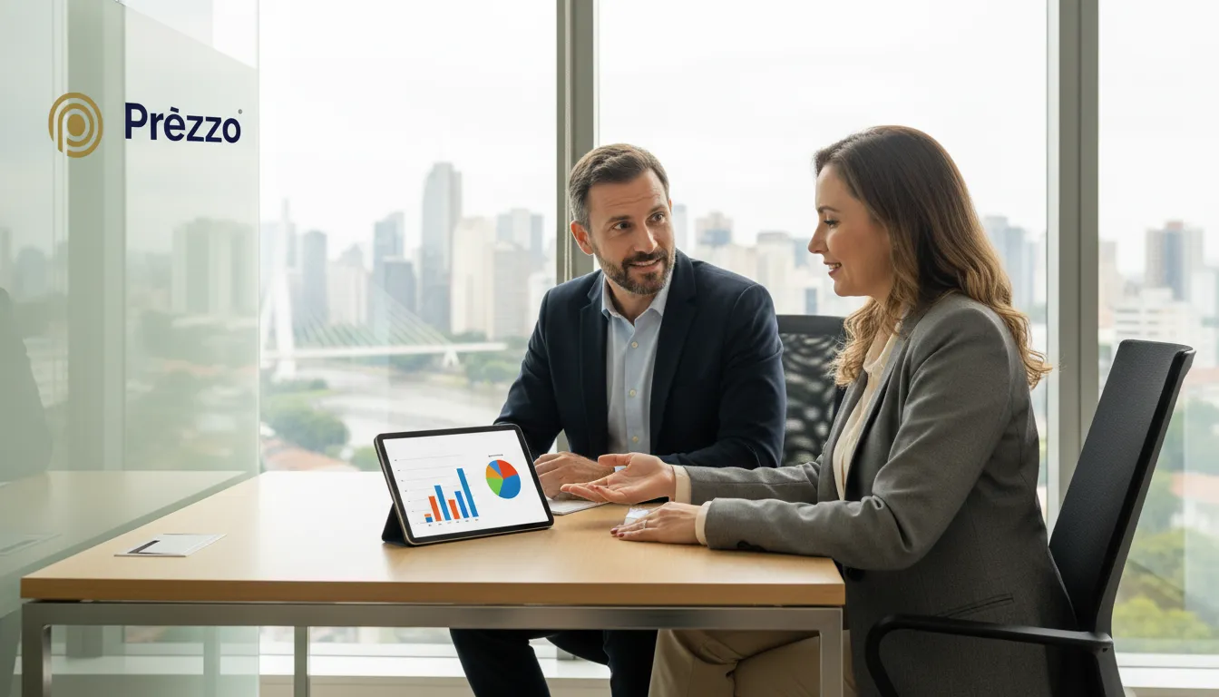 Médico recebendo consultoria especializada de contador em um moderno escritório de contabilidade em São Paulo, com vista para a cidade.