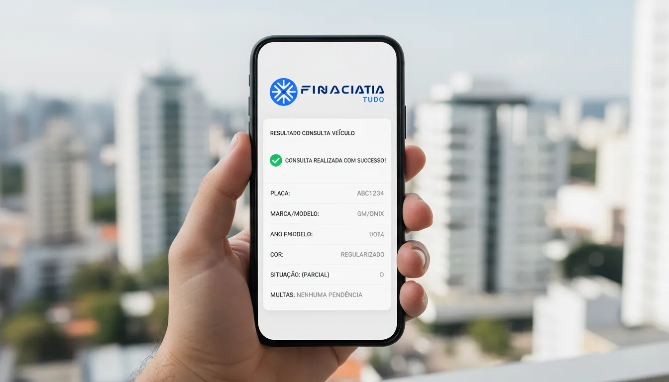 Close-up de uma mão segurando um smartphone mostrando o resultado da consulta de placa no app da Financia Tudo. Foco nos detalhes da tela.