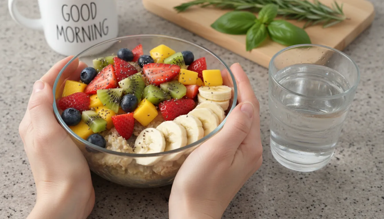 Mãos segurando tigela de salada de frutas e água, ressaltando hábitos saudáveis para ativar o metabolismo