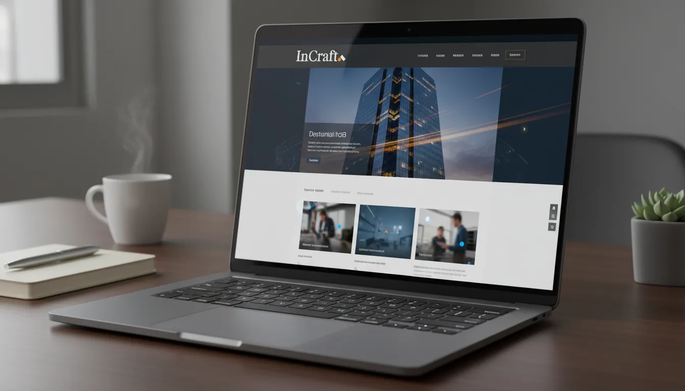 Exibição de um site para empresa B2B com design exclusivo e sofisticação digital em um tablet moderno.
