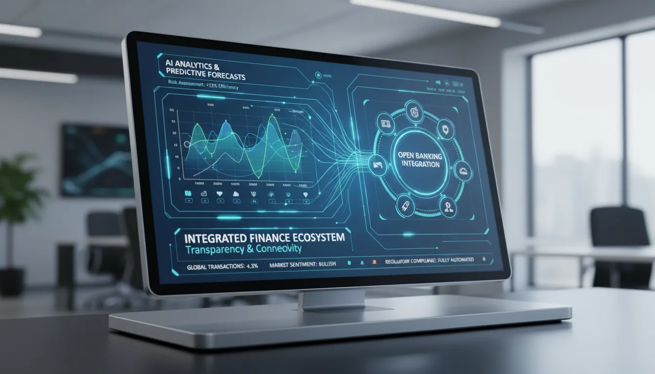Painel digital demonstrando integração de serviços financeiros, IA e open banking, indicando ecossistema transparente