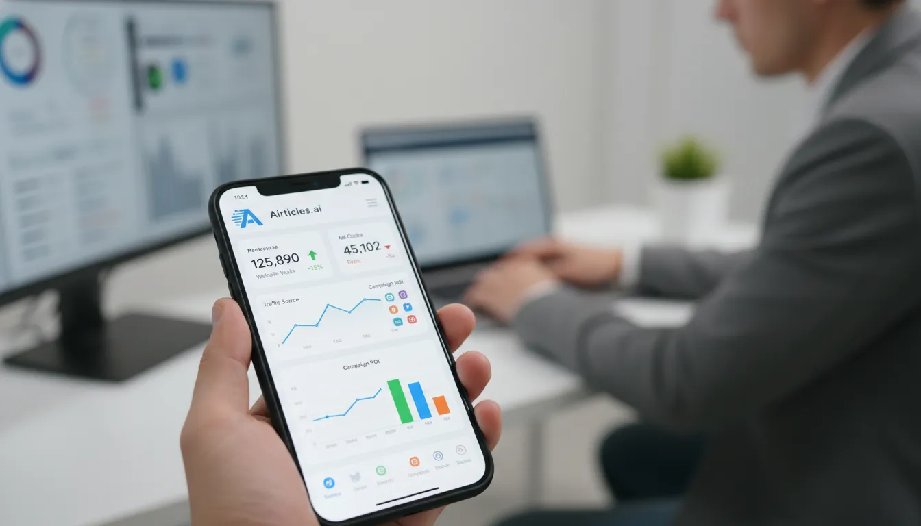 Mão segurando smartphone exibindo dashboard de tráfego, com gestor de tráfego trabalhando ao fundo.