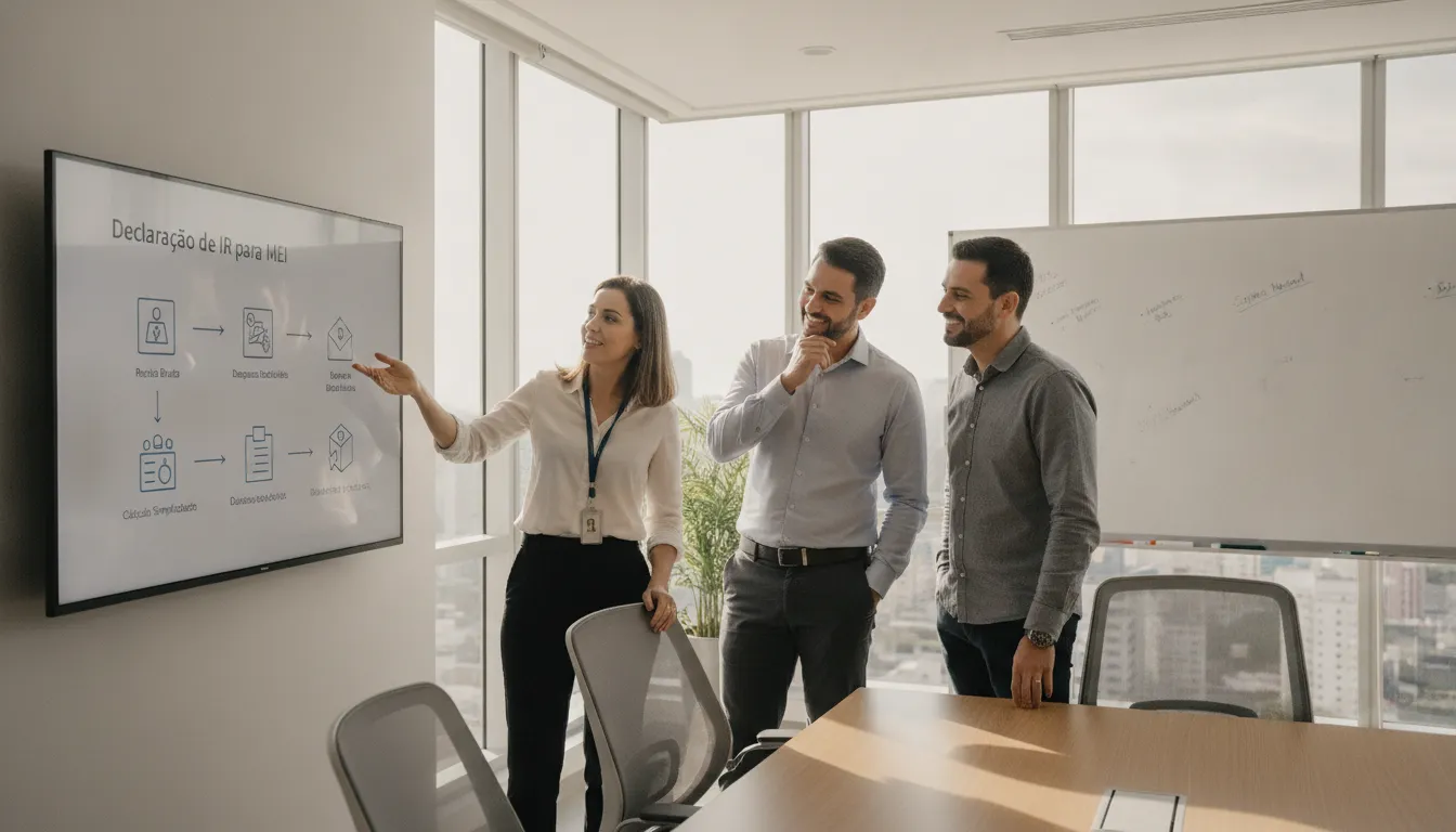Consultor da Graph Contabilidade explicando como declarar IR do MEI a clientes, simplificando a complexidade.