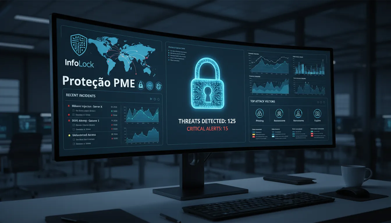 Um painel de segurança de rede exibindo alertas e detecções de ameaças, com o logo da InfoLock no canto. Ilustra a necessidade de proteção de cibersegurança para empresas.