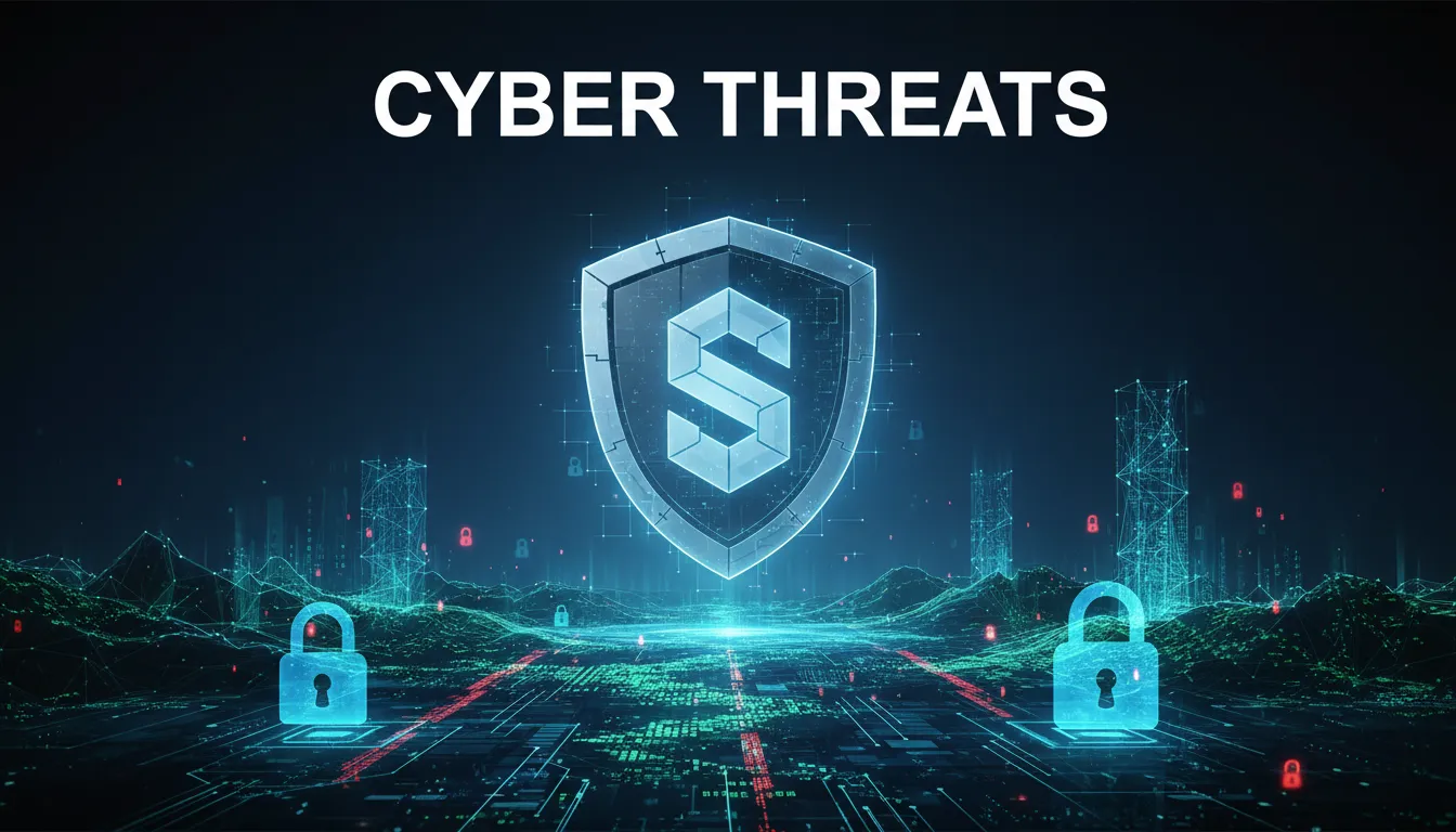 An abstract digital shield representing cybersecurity over a binary landscape.