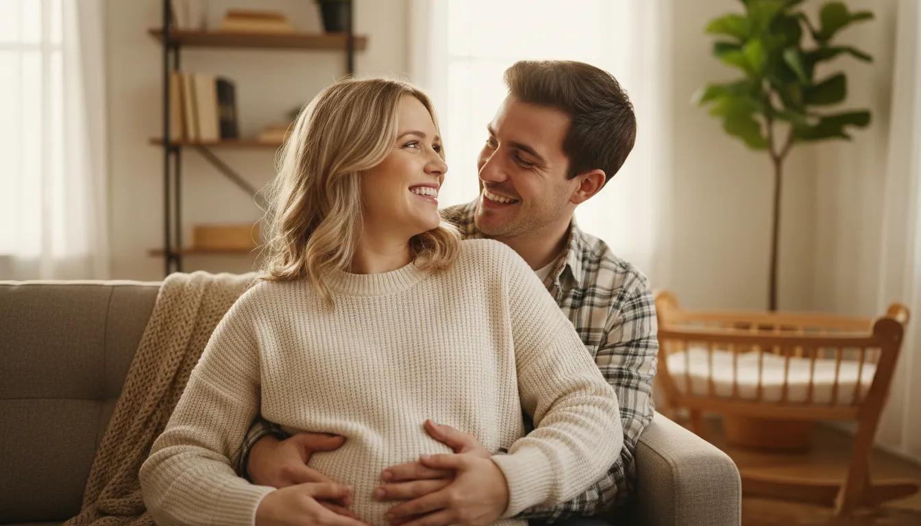 Casal jovem apoiando-se mutuamente nos primeiros momentos da gravidez