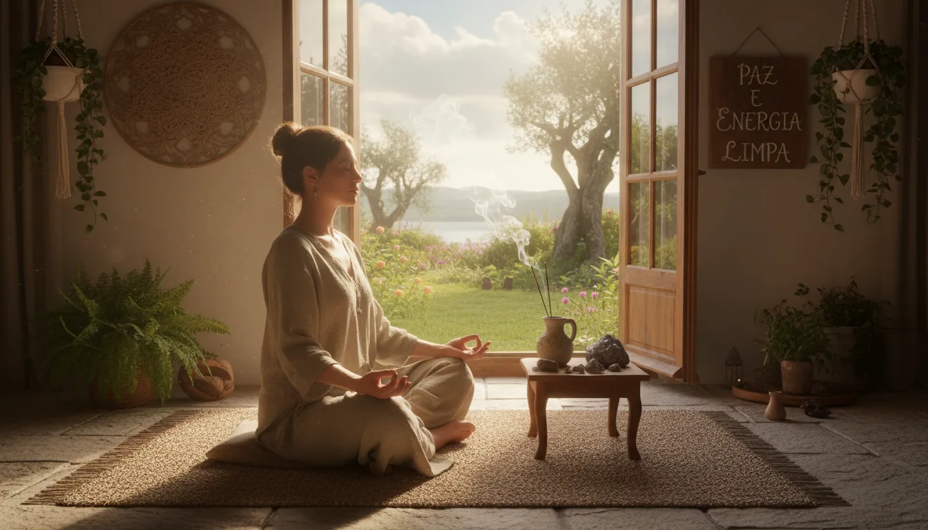Pessoa meditando próxima à janela, com incenso e luz suave, representando filtragem energética pessoal.