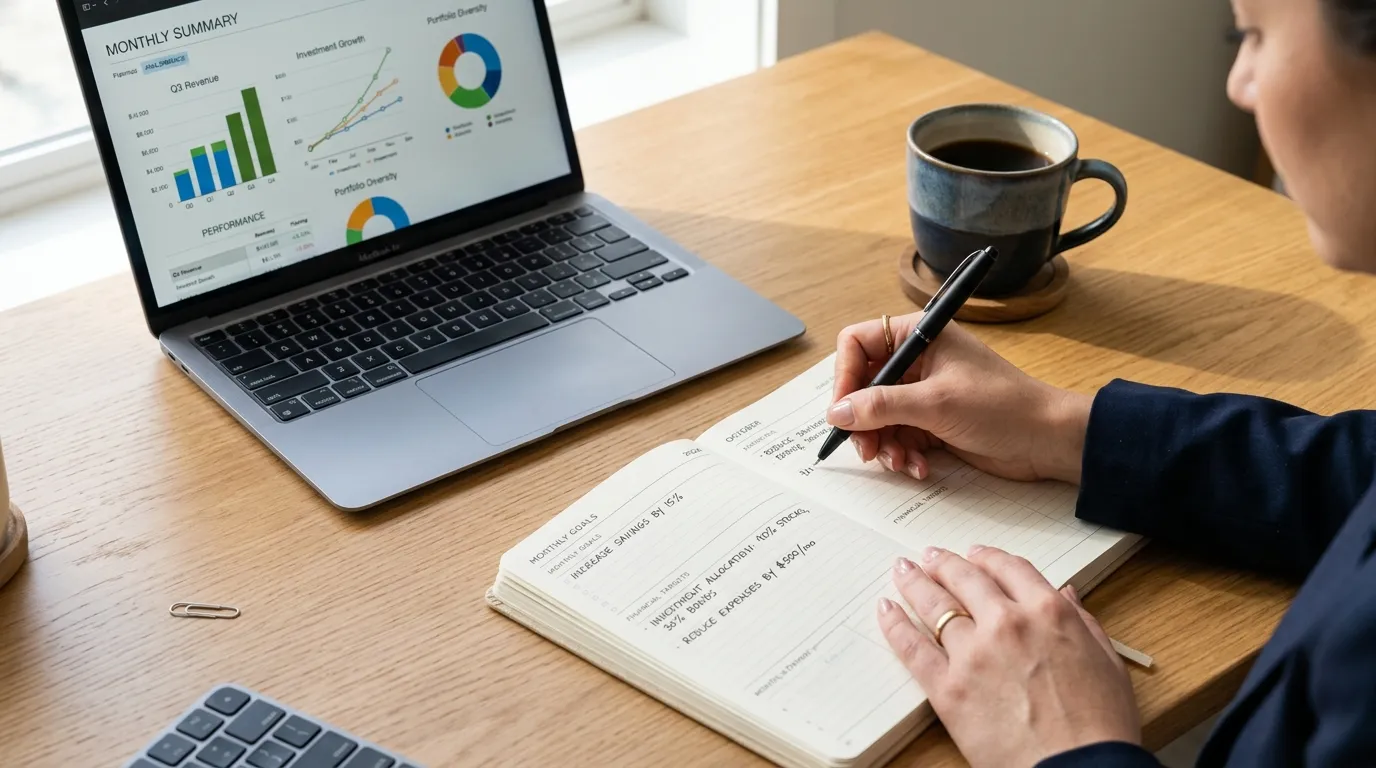 Pessoa anotando metas para organizar vida financeira e estruturar orçamento pessoal com foco.