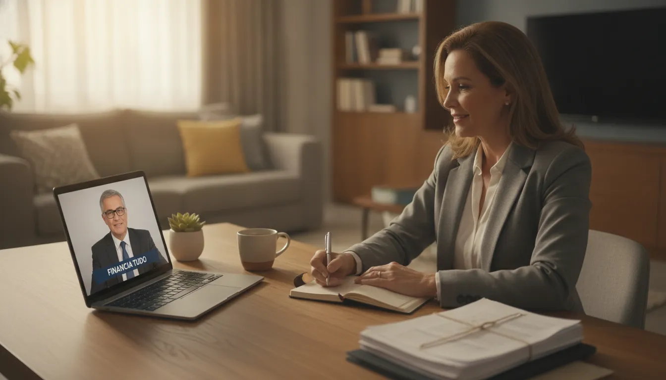 Mulher em videochamada com especialista Financia Tudo, explorando imóvel financiado como garantia complementar para crédito.