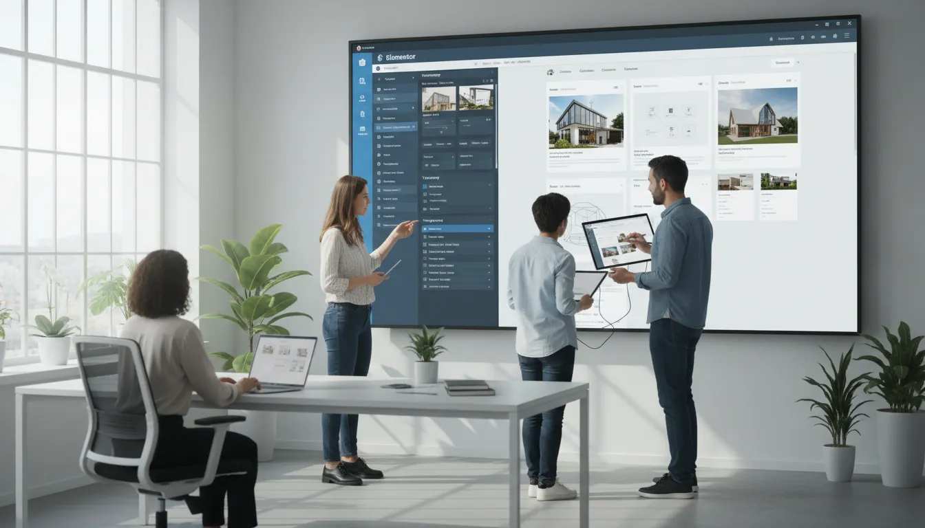 Tendências de Web Design 2026: O Que Vai Bombar 1 Equipe trabalhando em site WordPress com Elementor, arquitetura modular e tipografia personalizada