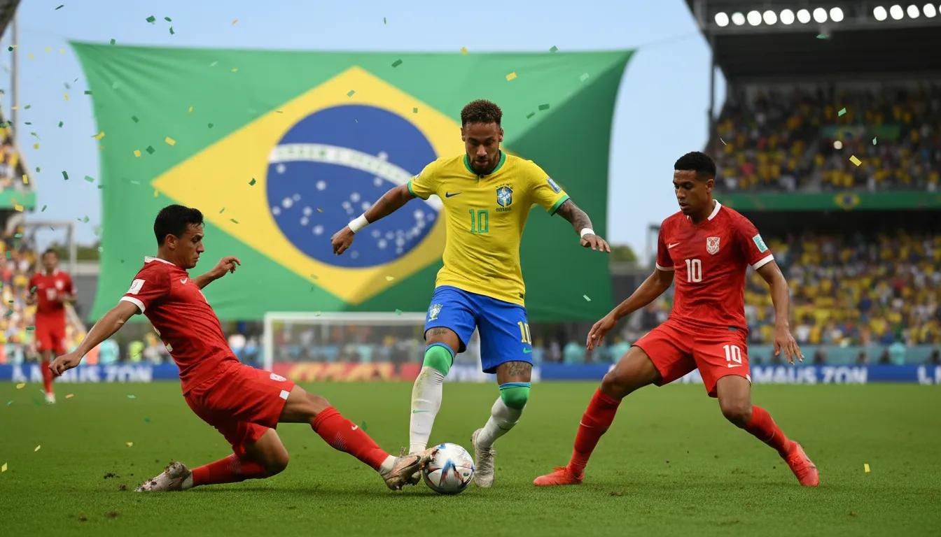 Neymar driblando habilidosamente durante um jogo, mostrando sua determinação para que neymar vai jogar copa 2026, com a torcida brasileira vibrando.