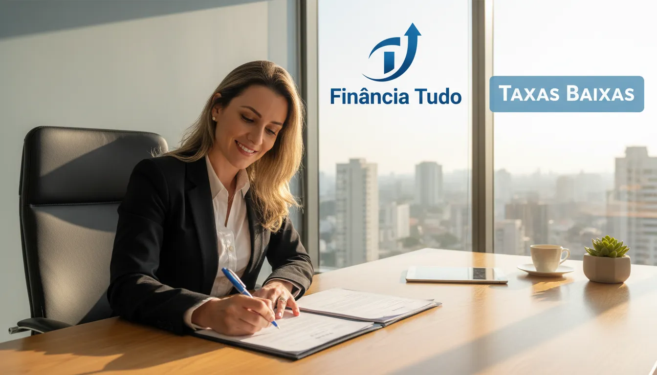 Um indivíduo assinando documentos de crédito com garantia de imóvel, simbolizando a segurança e as taxas baixas oferecidas pela Financia Tudo.