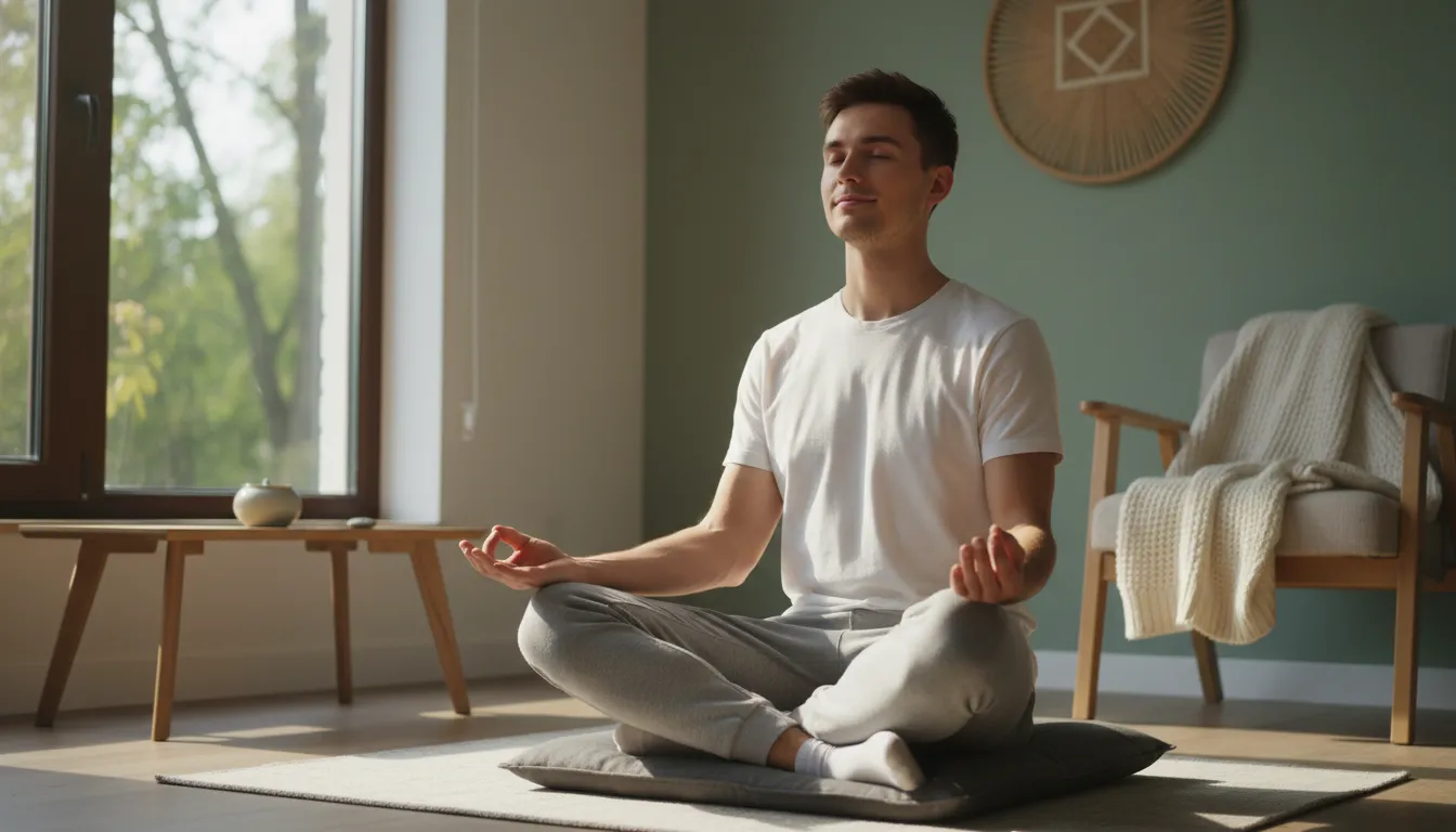 Pessoa alcançando serenidade plena na meditação, expressão calma e relaxada, após meditação guiada, meditação online.