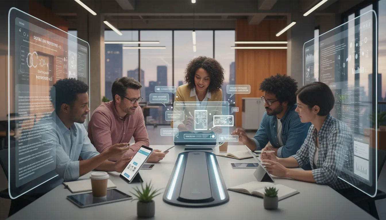 Site Responsivo 2026: Mobile-First Não é Mais Opção 1 Equipe revisa protótipos mobile em ambiente moderno focada em usabilidade digital.